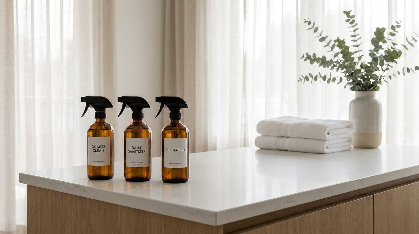 Professional home cleaner performing quartz countertop daily hygiene vancouver services in a modern Canadian residence