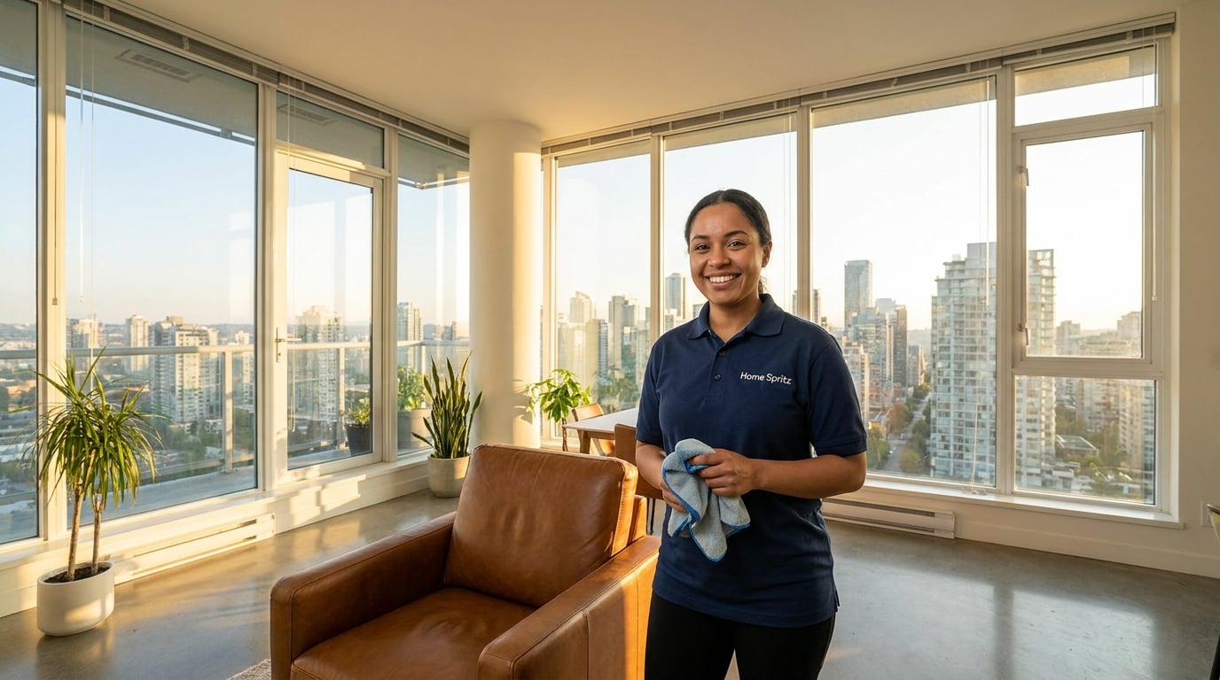 Professional home cleaner performing leather furniture housekeeping toronto services in a modern Canadian residence