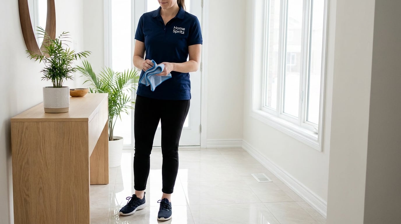 Professional home cleaner performing porcelain and ceramic tile floor care calgary services in a modern Canadian residence