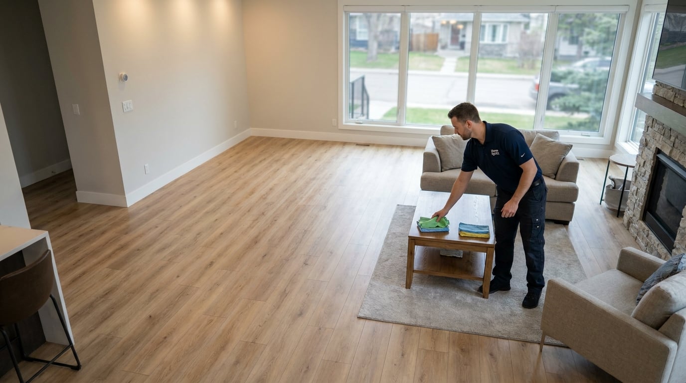 Professional home cleaner performing vinyl plank floor care edmonton services in a modern Canadian residence