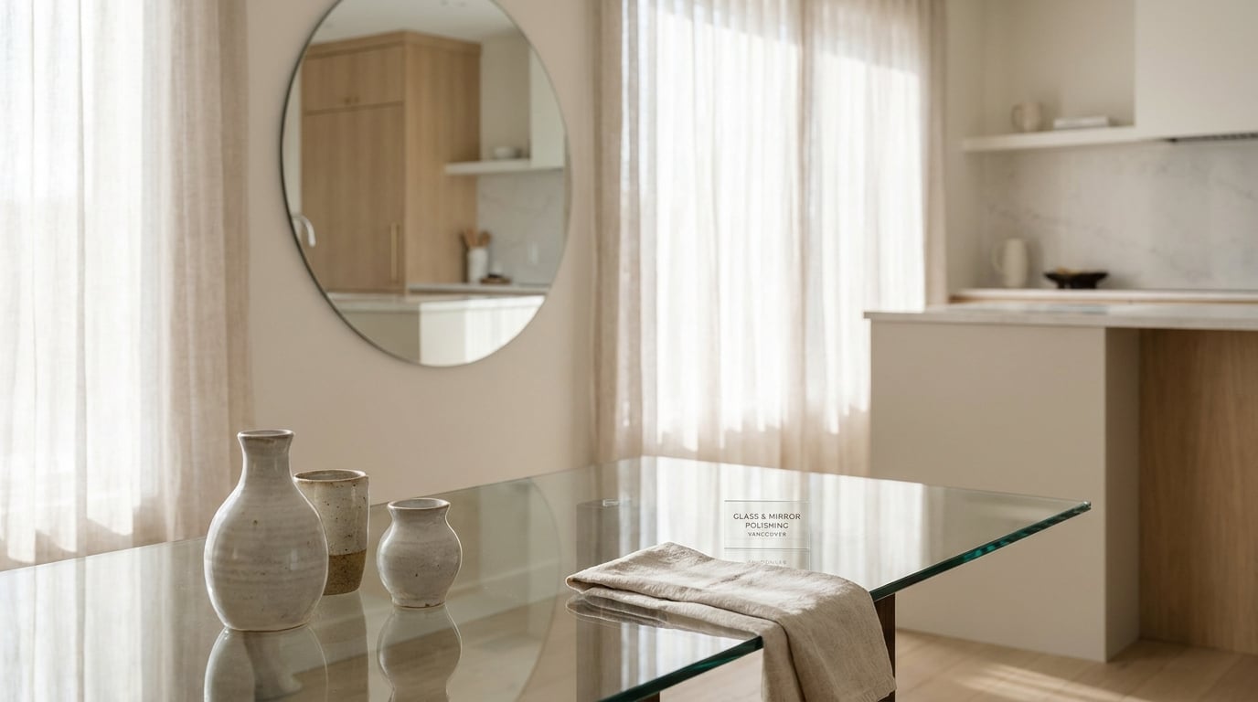 Professional home cleaner performing glass table and mirror polishing vancouver services in a modern Canadian residence