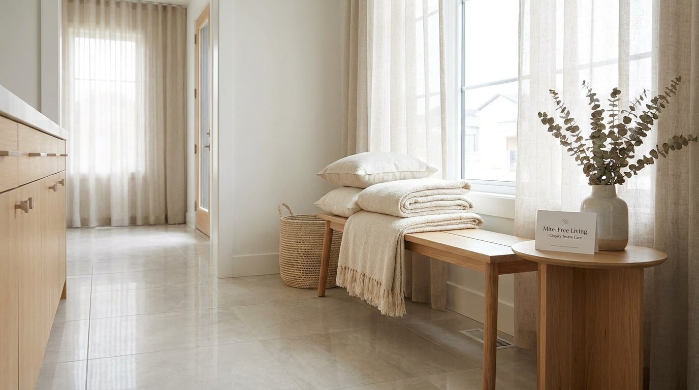 Professional home cleaner performing reducing dust mites in home textiles calgary services in a modern Canadian residence
