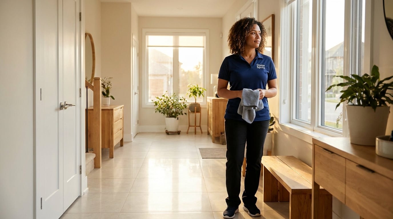 Professional home cleaner performing indoor air quality housekeeping edmonton services in a modern Canadian residence