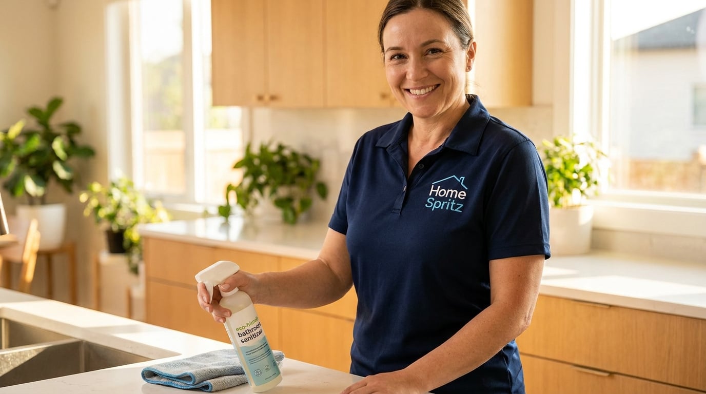 Professional home cleaner performing non toxic bathroom sanitization vancouver services in a modern Canadian residence