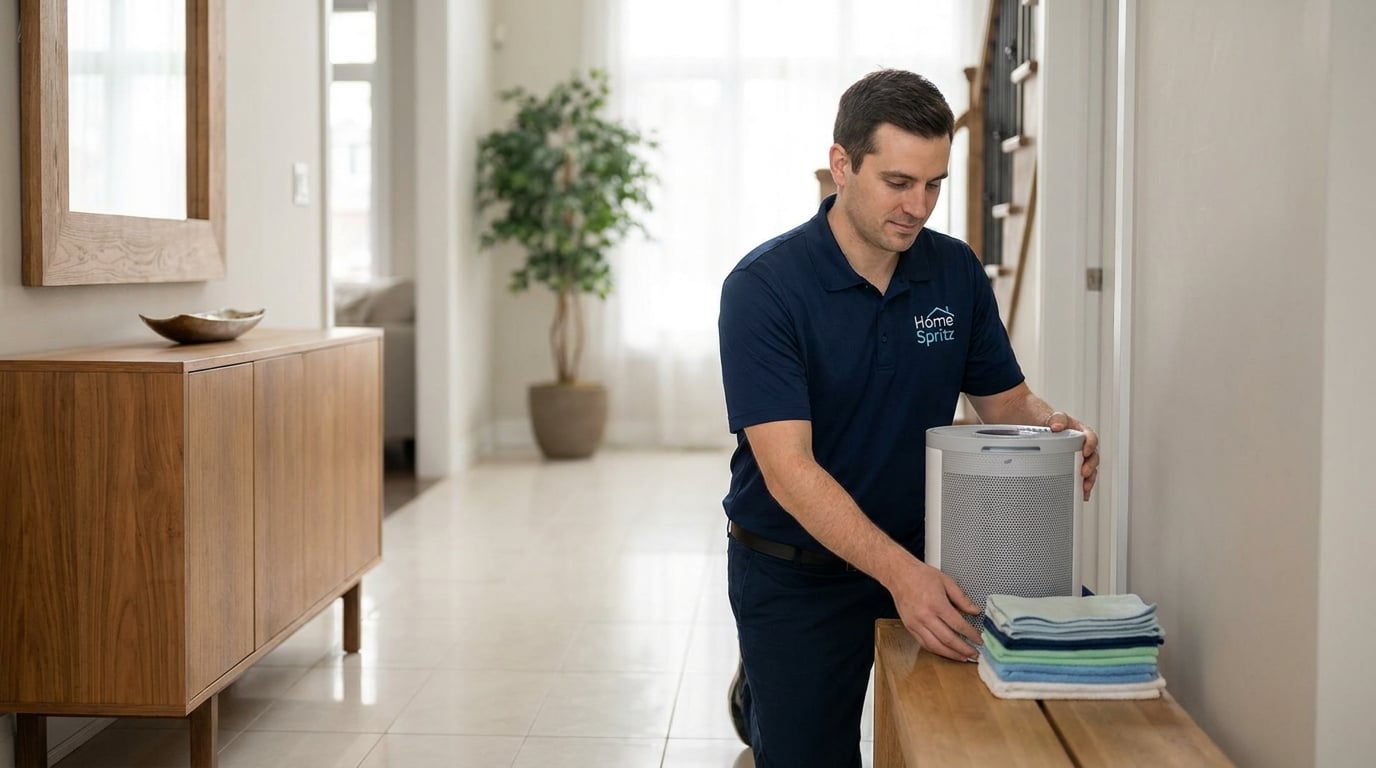 Professional home cleaner performing pet dander control in home carpets calgary services in a modern Canadian residence